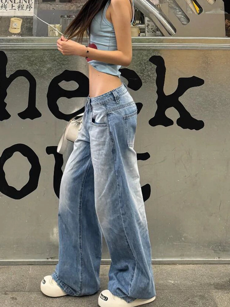 Women American Vintage Y2k Japanese Harajuku Streetwear Baggy Low Rise Denim Pants Long Trousers 2000s Aesthetic Jean Kpop Punk