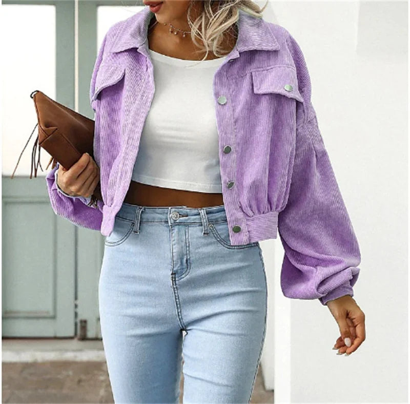 2023 Corduroy Short Jacket Women Loose Tops Spring Autumn Turndown Collar Lantern Sleeve Casual Coat Lady Streetwear Outerwear