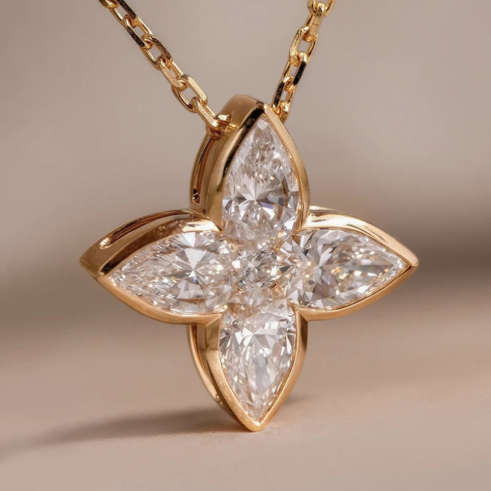 Bezel Set Full Moissanite Flower Pendant Necklace for Women Sparkling Pear Cut Diamond Pendant S925 Silver Wedding Party Jewelry