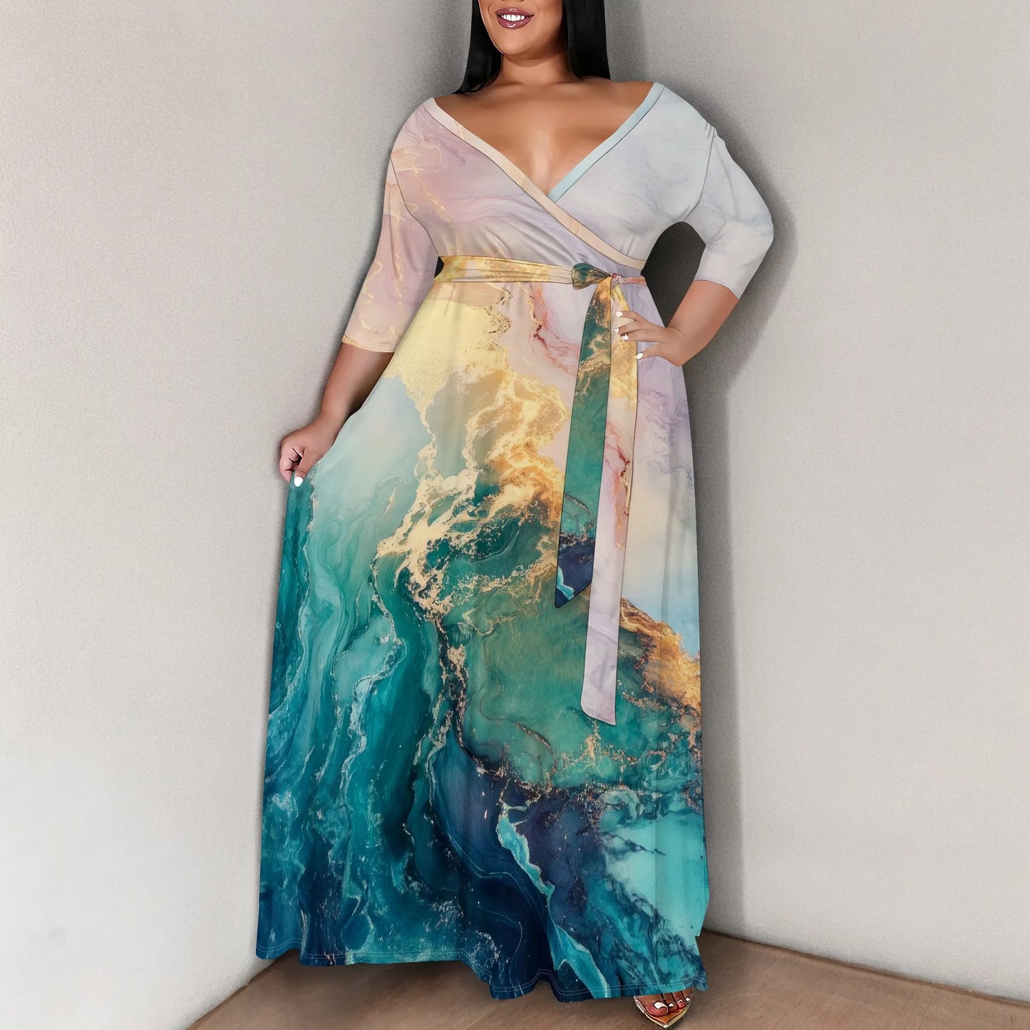Women's Plus Size Maxi Dress Print 3/4 Sleeves V Neck Party Sundress Wedding Guest Dresses