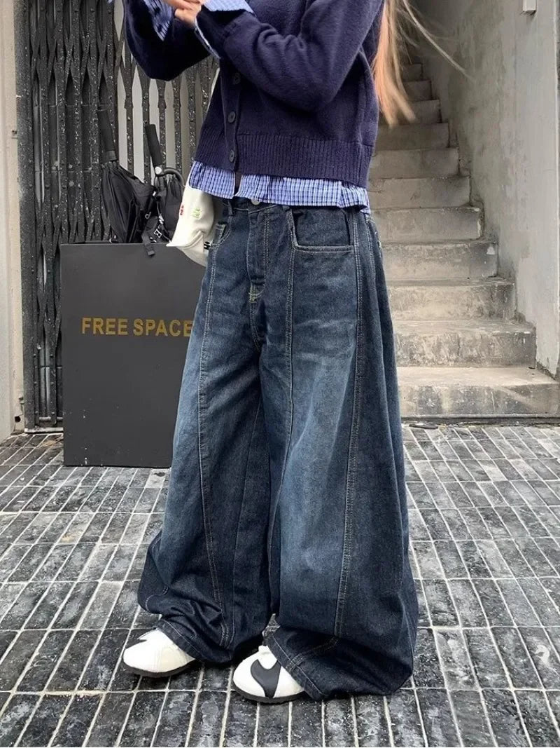 Y2K Fashion New Letters Embroidered Washed Baggy Jean Women Gothic Harajuku Vintage Hip Hop Pop Casual High Waist Wide Leg Pants