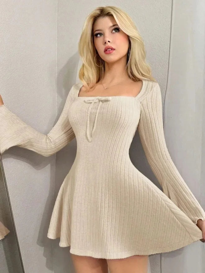 Autumn Winter New Style Women's Long Sleeve Square Collar Slim Fit A- Line Dress Empire Waist Mini Skirt Fashionable Dress