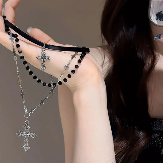 パンククロスチェーンダブルレイヤーネックレス メンズ レディース Y2K ファッショントレンド ロック パーティー グランジ EMO アクセサリー