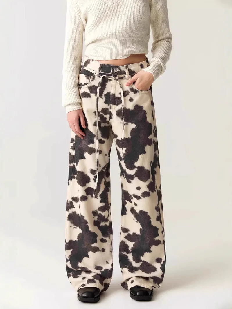 Waed American Retro Cow Pattern Loose Wide Leg Straight Casual Long Jeans Women Vintage Trendy High Waist Denim Pants