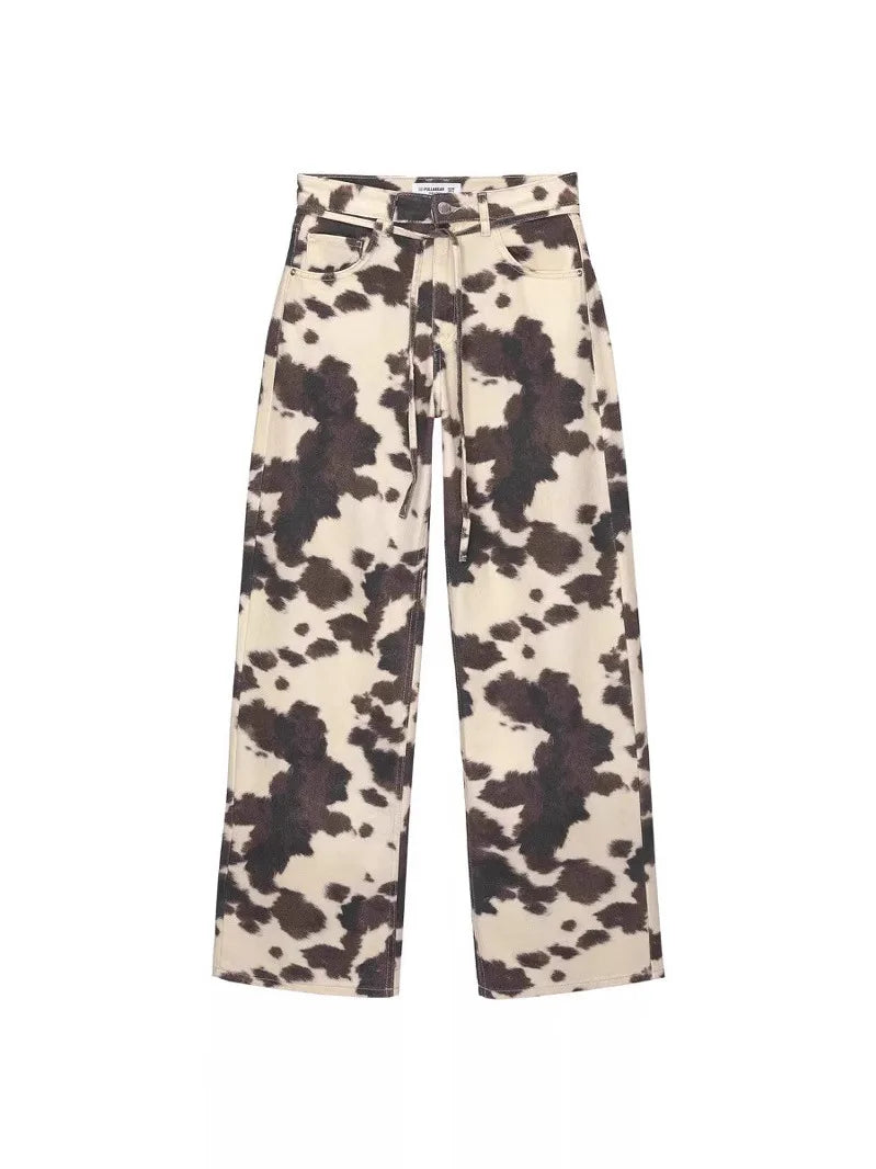 Waed American Retro Cow Pattern Loose Wide Leg Straight Casual Long Jeans Women Vintage Trendy High Waist Denim Pants