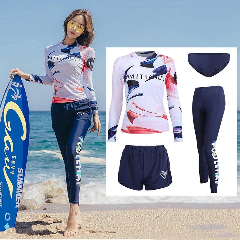 Women's 3pcs/set Printed Long Sleeve Rashguard UV Sun Protection Surf Shirt With Pants Shorts Full Body Bathing Suit Dive Skin