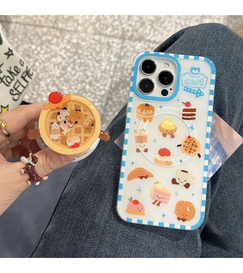 Luxury Cute Waffle Cake Magsafe Wireless Charge Case For iPhone 13 14 15 16 Pro Max Funny Cartoon Waffle Shake Magnetic Holderr