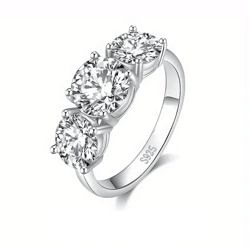 RAPRGOLD 925 Silver Ladies Fashion Engagement Rings Round Cut 6.5mm/8mm Moissanite Three Stone Ring for Women Wedding Jewelry