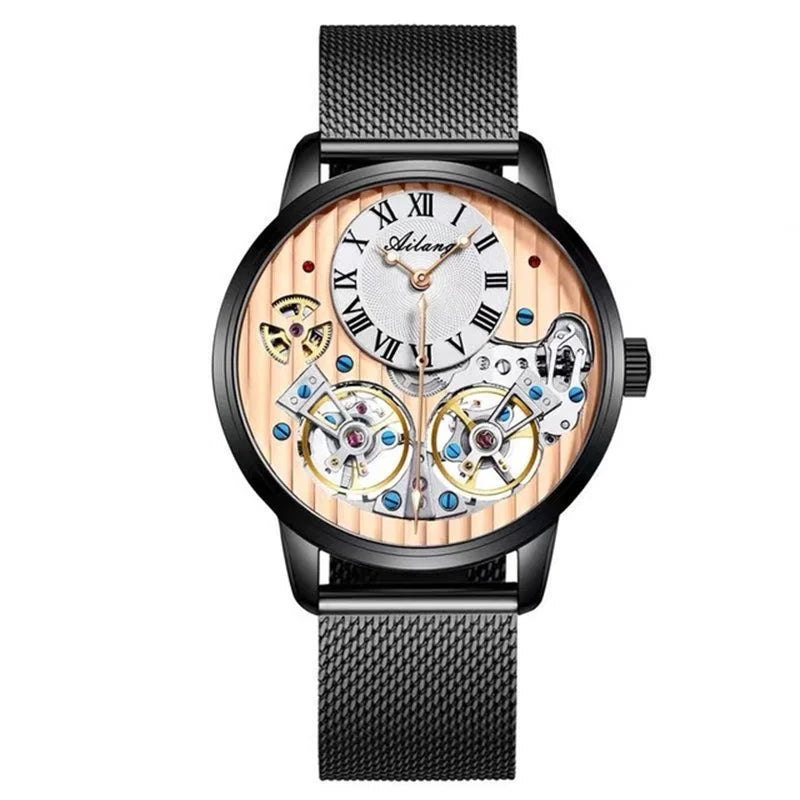 AILANG Double Tourbillon Men Watches Leather Wrist Mechanical Watches Automatic Flying Tourbillon Watches Waterproof Relogio