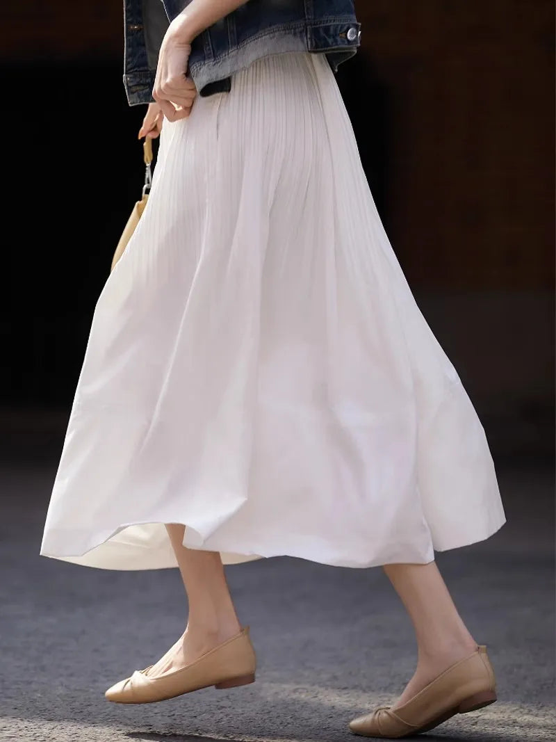 Women's Pleated Long Skirt, Elegant, Casual, Classy Romantic Fabric, Soft Lining, Japanese and Korean French Style