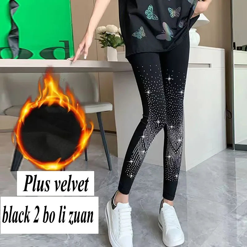 Xpqbb Black Stretch Rhinestone Skinny Leggings Women Autumn Winter Thick Velvet Ankle-Length Pants Tide Elasticit Shinny Legging