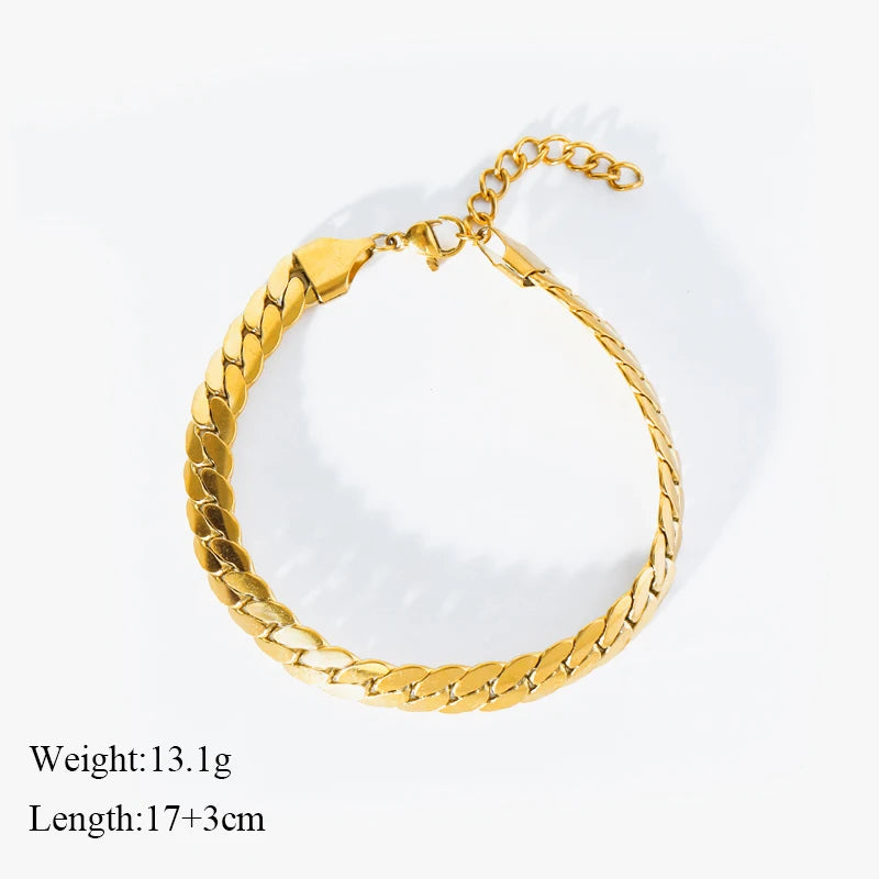 EILIECK 316L Stainless Steel Gold Color Flat Wide Chain Necklace Bracelet For Women Girl Fashion Non-fading Jewelry Set Gift
