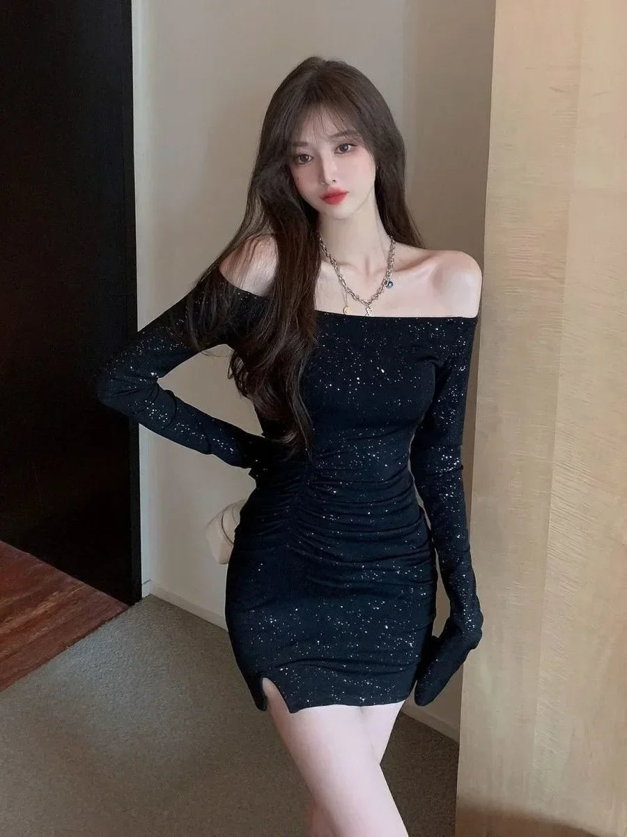 One Shoulder Dress Elegant Female Slim Diamond Long Sleeve Irregular Sexy Hot Girl Short Spring Autumn Black Sweater Dress