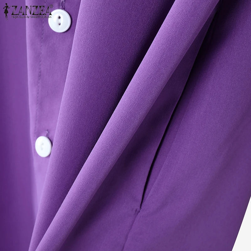 ZANZEA Office Casual Collared Shirtdress Women Autumn Fashion 3/4 Sleeve Button Up Midi Dresses Commuting Solid Color Robe Femme