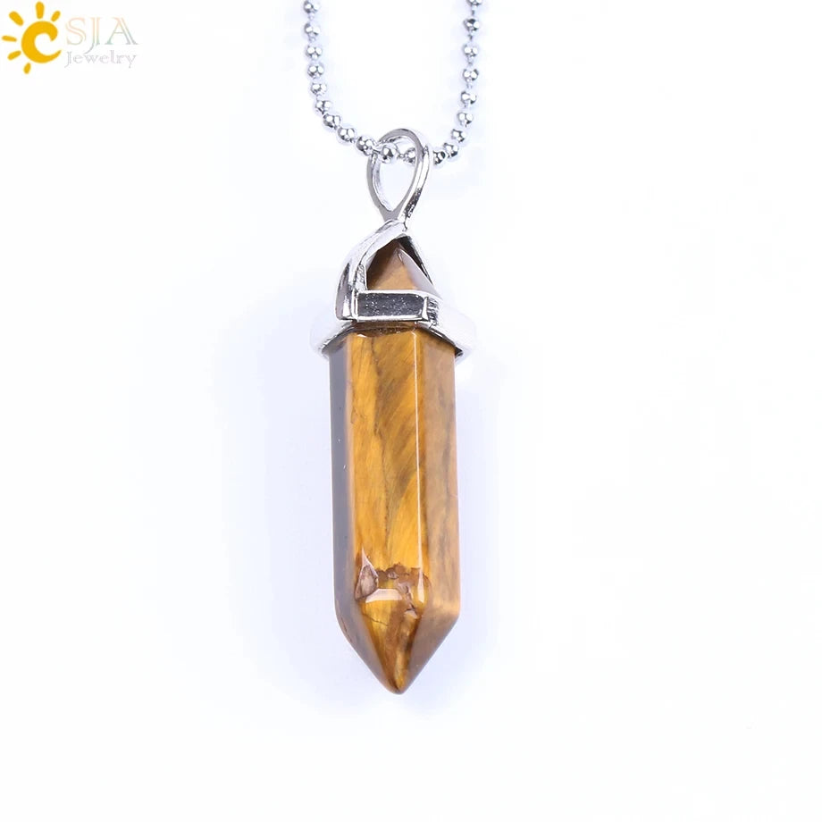 CSJA Hexagonal Bullet Crystal Necklaces Natural Gem Stone Quartz Necklace Pendant Chakra Amethysts Pink Quartz Lapis Lazuli G957