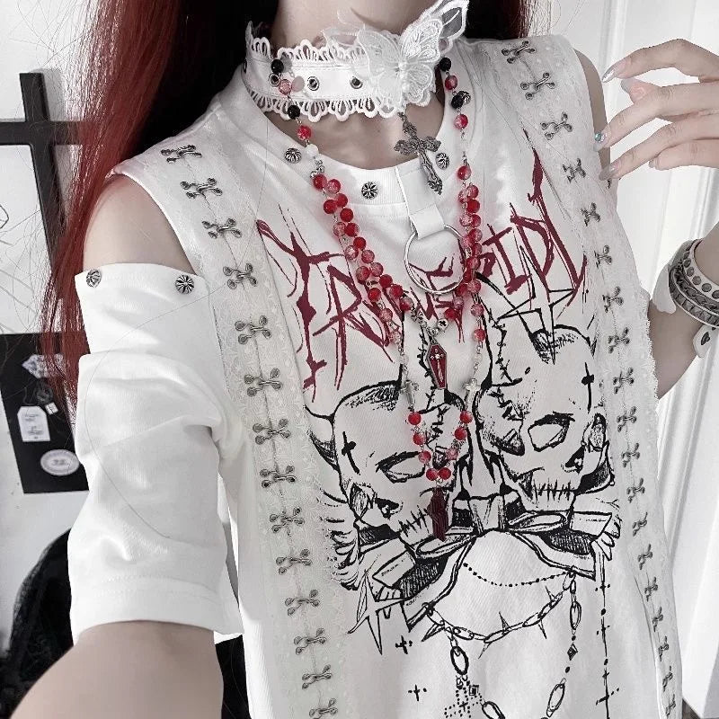 ダークリーシリーズ パンクプリント サブカルチャー ゴシック 半袖 オフショルダー Tシャツ デザインセンス ゆったり 甘辛 トップス 夏
