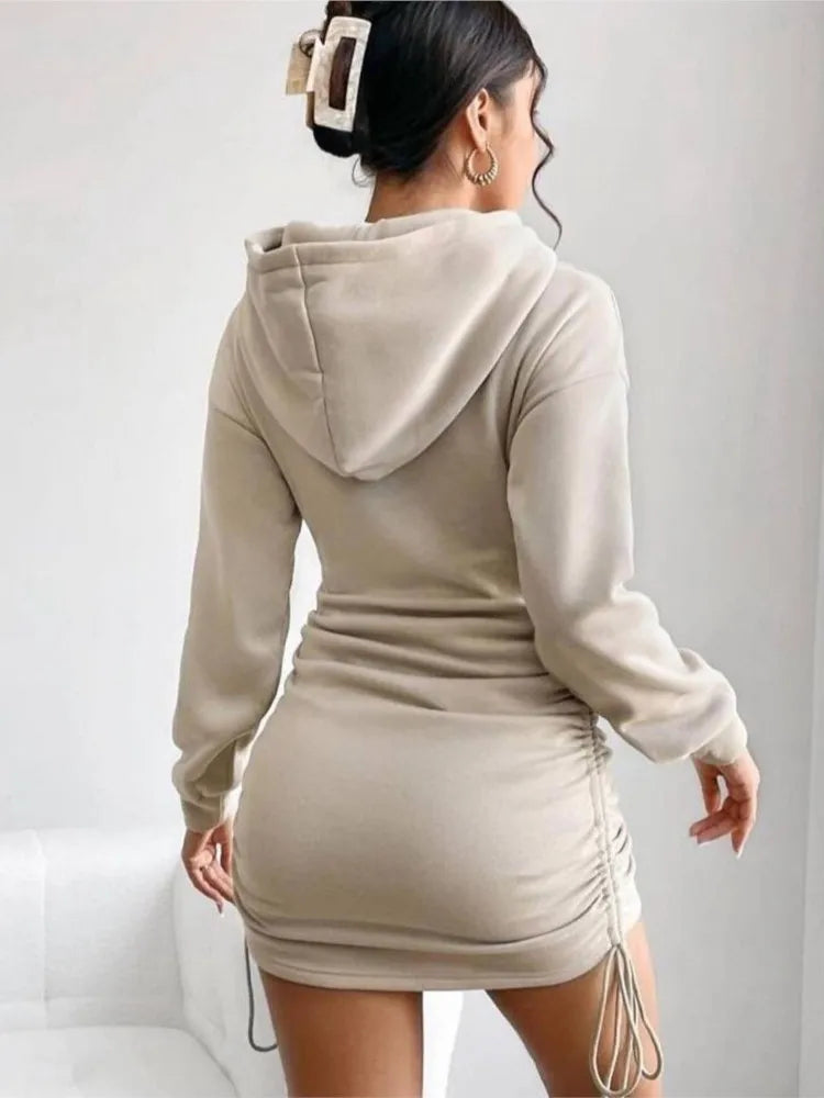 Woman's Sexy Basic Solid Color Dress Autumn Fashion Grey Long Sleeves Hooded Tie Dresses Ladies Slim Package Hip Mini Dress