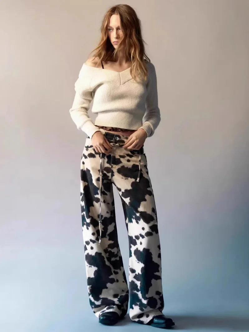 Waed American Retro Cow Pattern Loose Wide Leg Straight Casual Long Jeans Women Vintage Trendy High Waist Denim Pants