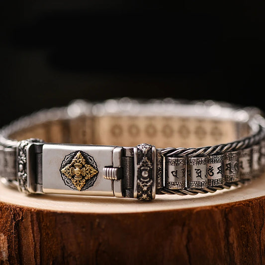 新しいシルバーカラーブレスレットメンズパーソナリティスタイルレトロクリエイティブ手編み6文字マントラバレルビーズチェーンギフトジュエリー