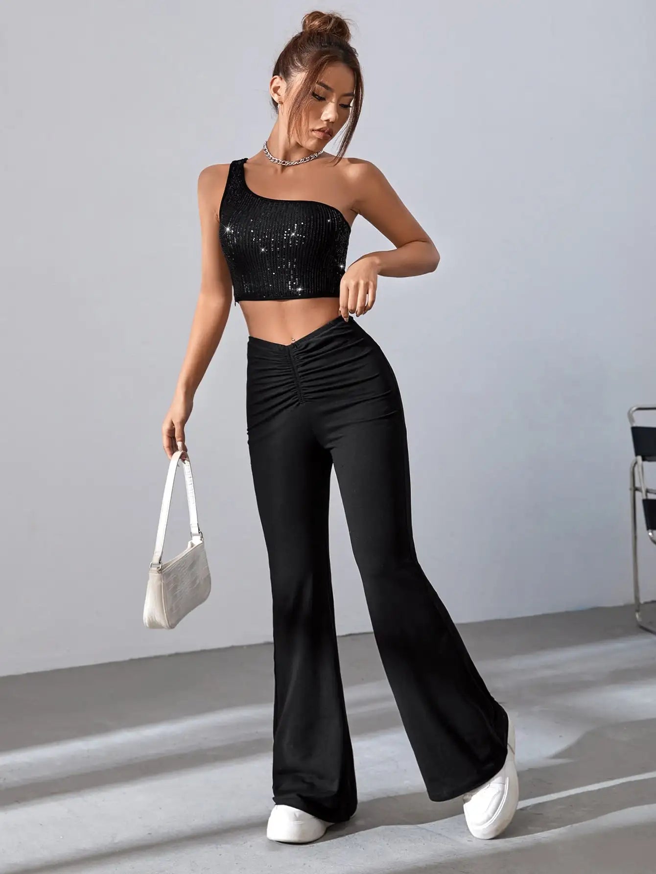 Women's One Shoulder Black Sequin Crop Tops Sparkle Holiday Party Dance Bling shimmer Rave Clothing Festival Outfits