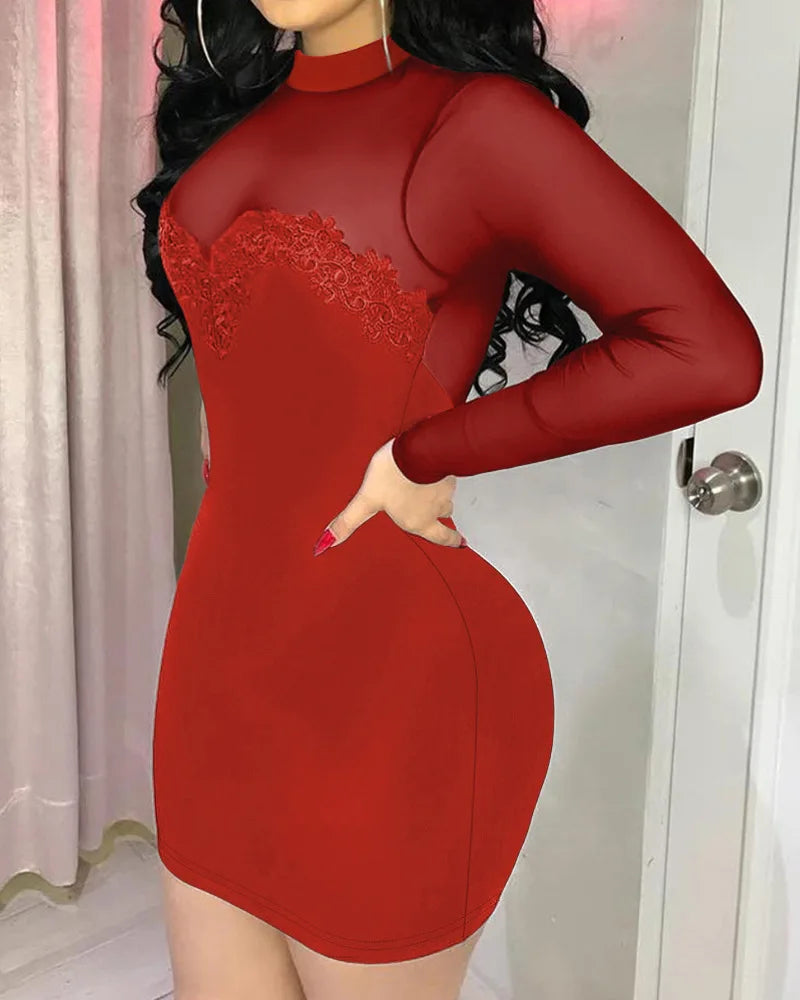 Women Mesh Stitching Long Sleeve Dress Bodycon Mini Sexy Slim Sheath Dress O Neck Summer Lace