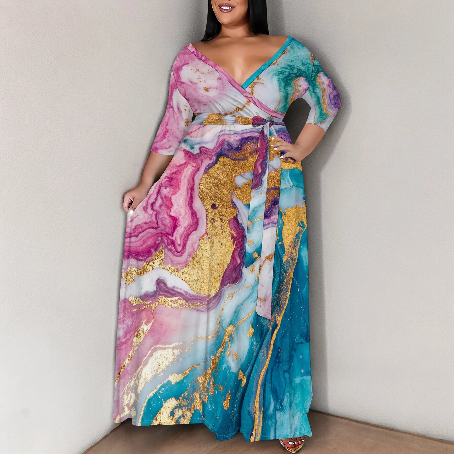 Women's Plus Size Maxi Dress Print 3/4 Sleeves V Neck Party Sundress Wedding Guest Dresses