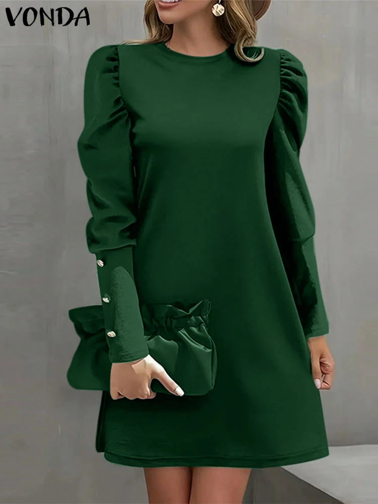 VONDA Elegant A-Line Mini Dress Casual Loose Solid Color Sundress 2025 Round Neck Long Lantern Sleeve Vestidos Robe Oversized