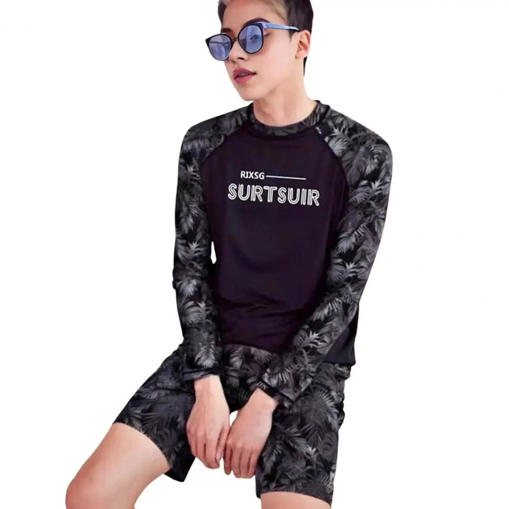 2 Pcs Couple Sport Swimsuit Breathable Leaf Print Long Sleeves Couple Surfing Clothes Diving Bathing Suit Water Sport Swimwear