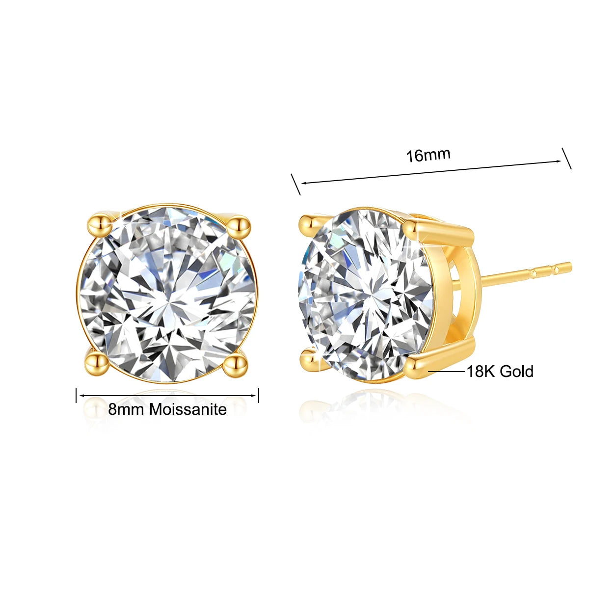 18K Gold D Color Moissanite Stud Earrings Hypoallergenic Round Lab Grown Diamond Ear Studs For Women Man Simple High-end Jewelry