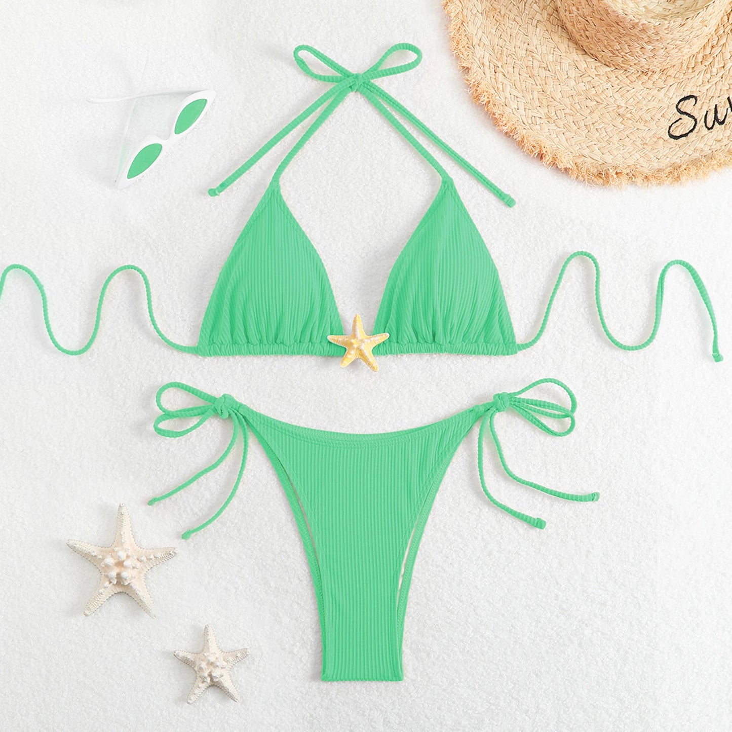 Yiiciovy New Women Push Up Swimwear 2 Piece Bikini Set Starfish Sexy Halter Bandage Beachwear Bathing Suits for Beach Pool