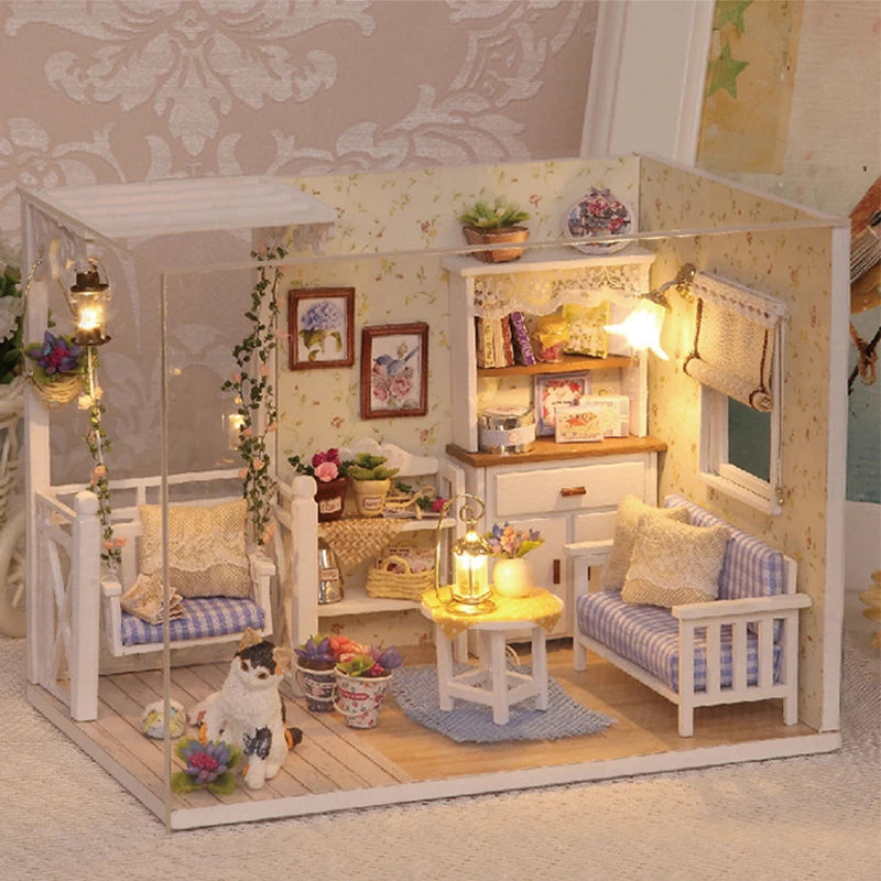 Kitten Mini Doll House Model Building Assembled House Home Kit Creative Room Bedroom Decoration with Furniture Birthday Gifts