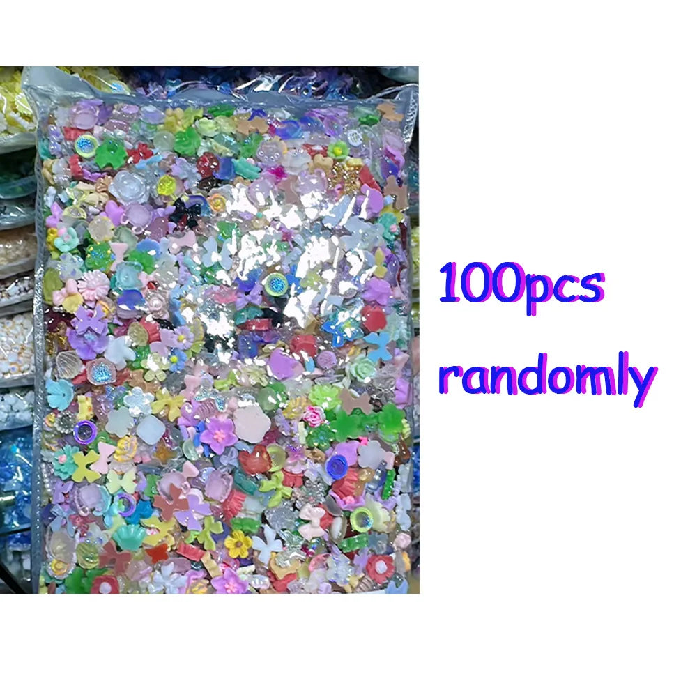 100PCS Random Mixed Strawberry Flowers Nail Charms Sweet Resin Flatback Moon Nail Art Decoration Accessories Manicure DIY