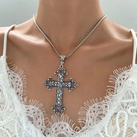 Goth Flower Cross Pendant Necklace For Women Girl Exaggerated Vintage Silver Color Gothic Style Neck Chain Trendy Accessory Gift