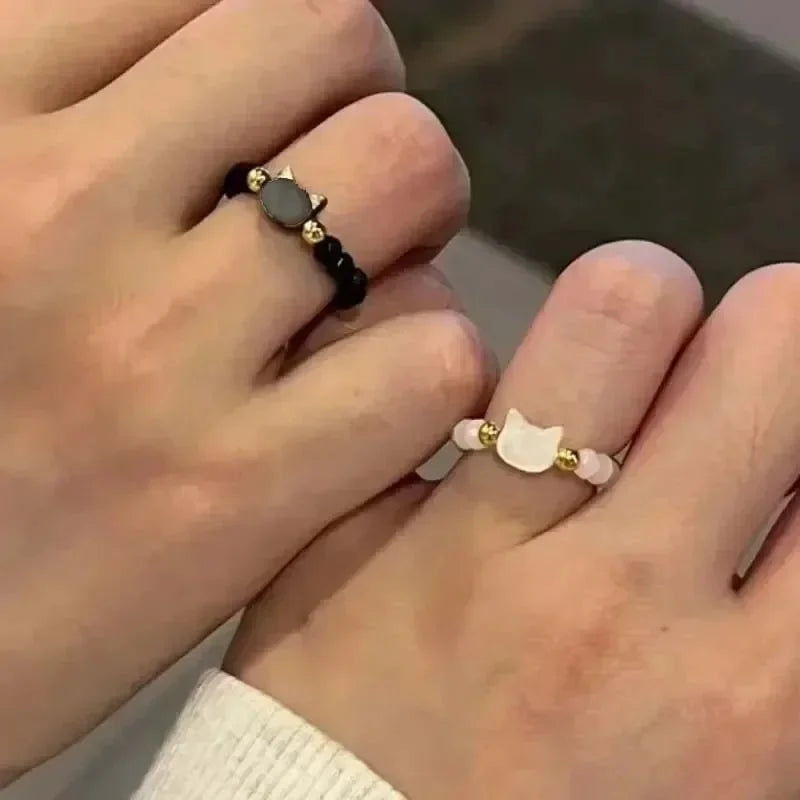 2pcs Natural Moonstone Obsidian Rings Beads Minimalist Ring Cute Black White Cat Ring Women Men Party Accessories Jewelry