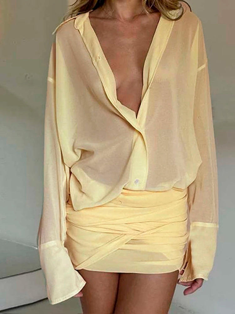 Yellow Button Up Office Shirt Dresses for Women 2025 Summer Fashion Lapel Long Sleeve Sexy Y2K Bandage Bodycon Mini Dress Ladies