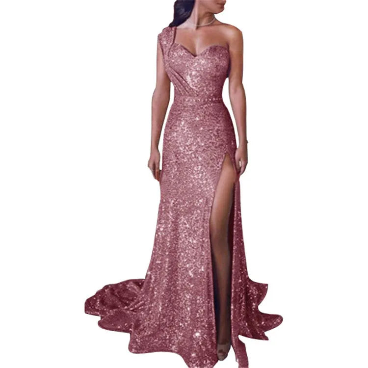 Wedding Party Dress Female Evening Elegant Sexy Deep V Neck One Shoulder Sleeveless Sequined Long Maxi Dresses For Women 2023