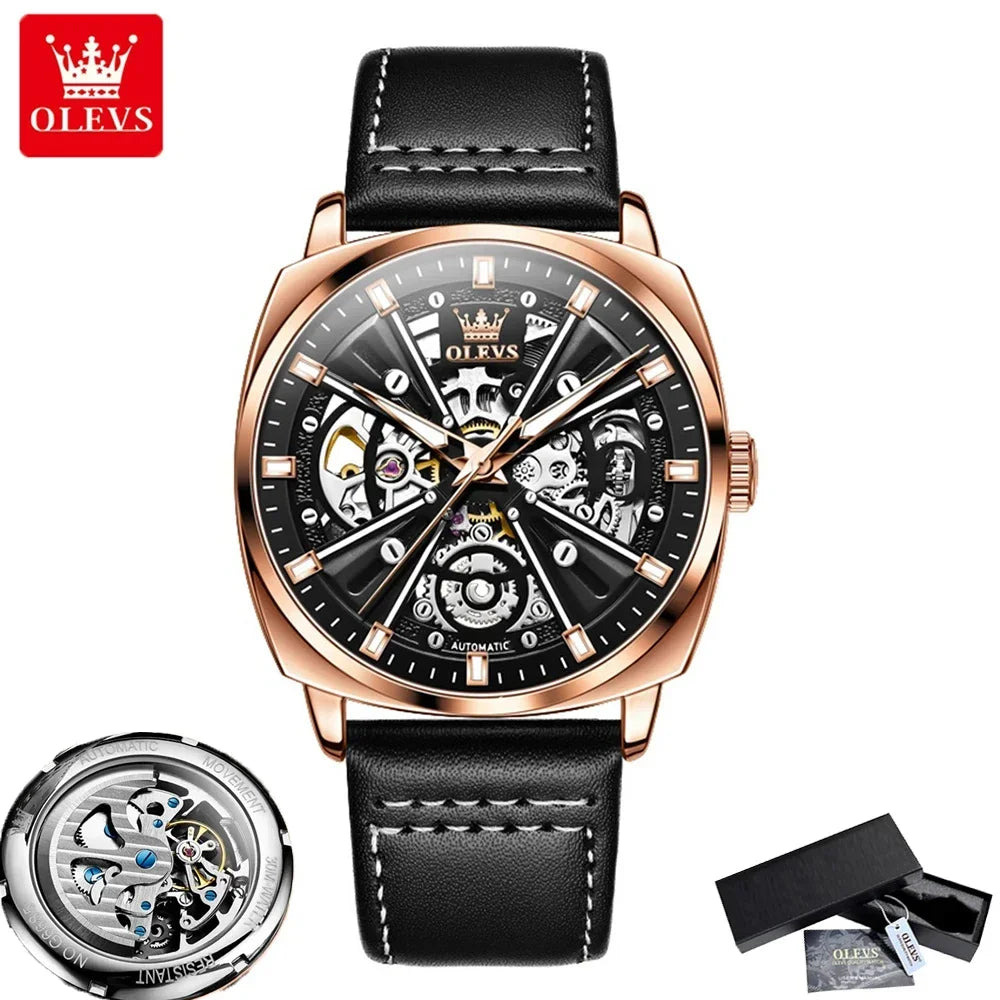 OLEVS Mens Watch Automatic Mechanical Watch Business Leather Strap Tourbillon Watch for Men Waterproof Luminous Wristwatch Clock