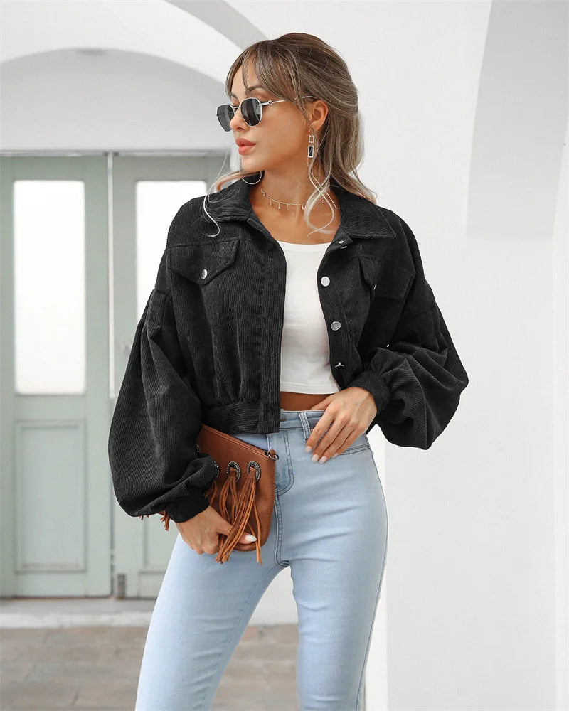 2023 Corduroy Short Jacket Women Loose Tops Spring Autumn Turndown Collar Lantern Sleeve Casual Coat Lady Streetwear Outerwear