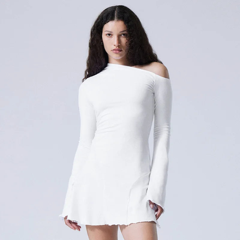 Women Sexy Boat Neck Backless Mesh Mini Dress Solid Slim Fit Bell Long Sleeve Self Tie Back Sheer Short Dresses