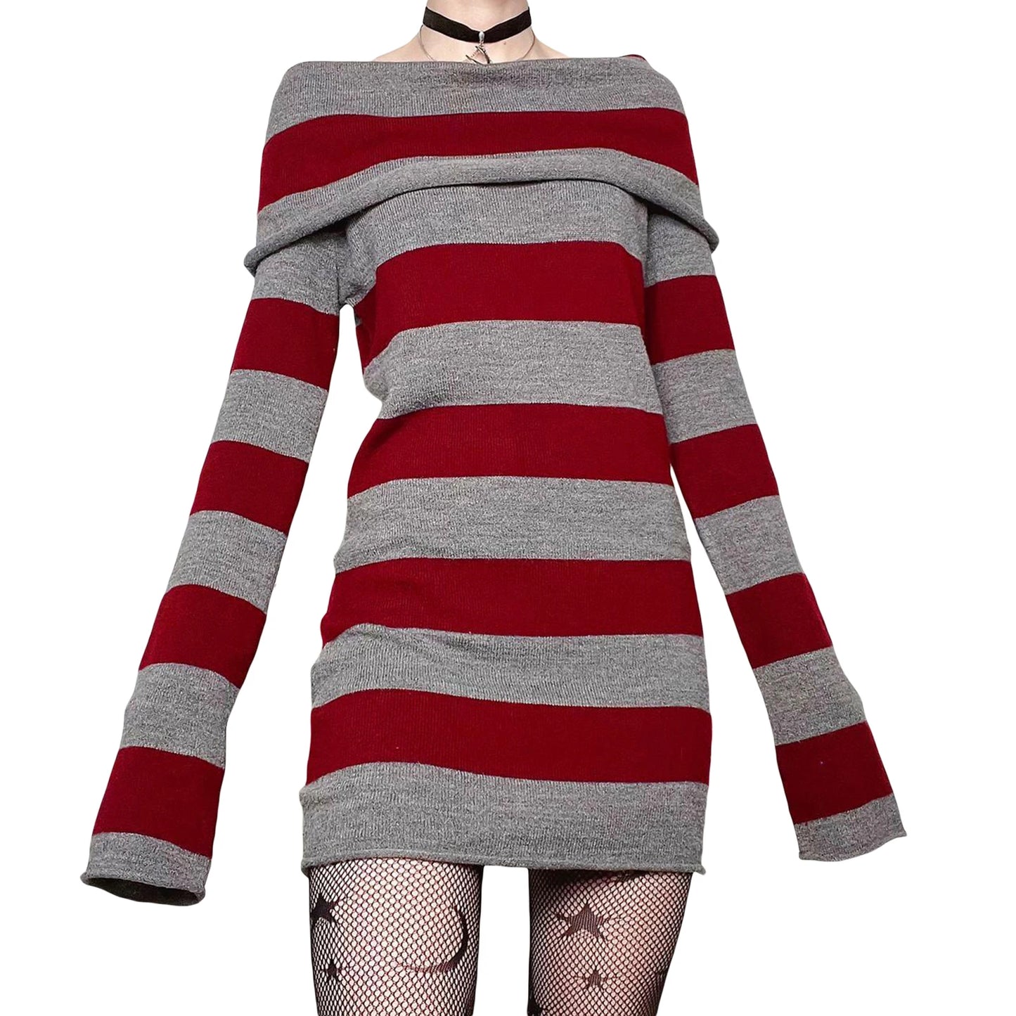 Women Y2K Knit Mini Dress Striped Long Sleeve Off Shoulder Bodycon Short Sweater Dress Trendy Night Club Streetwear