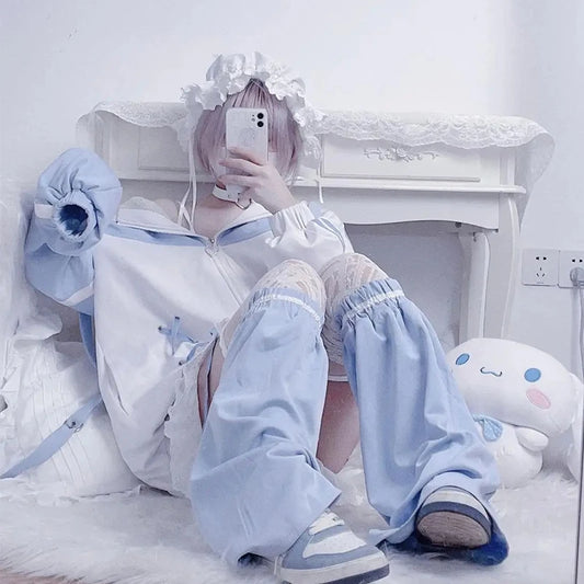 ガールズステッチレディース服サブカルチャー日本のパーカーブルーホワイト秋女性スウェットシャツジッパー冬y2k服パーカー