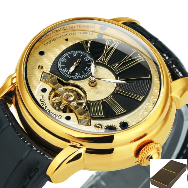 Forsining 367A Tourbillion Fashion Wave Black Golden Clock Roman Scale Mens Automatic Mechanical Watches Top Brand Luxury
