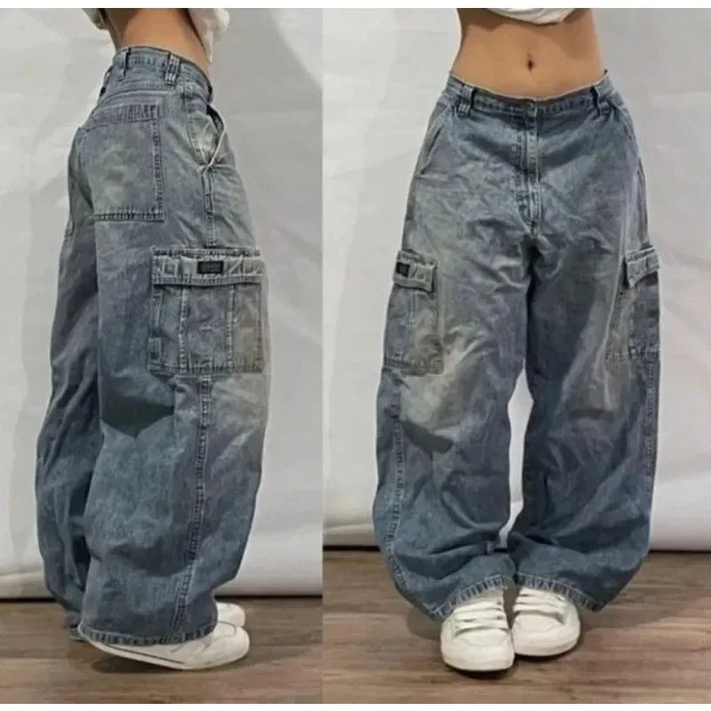 Y2K Fashion New Letters Embroidered Washed Baggy Jean Women Gothic Harajuku Vintage Hip Hop Pop Casual High Waist Wide Leg Pants