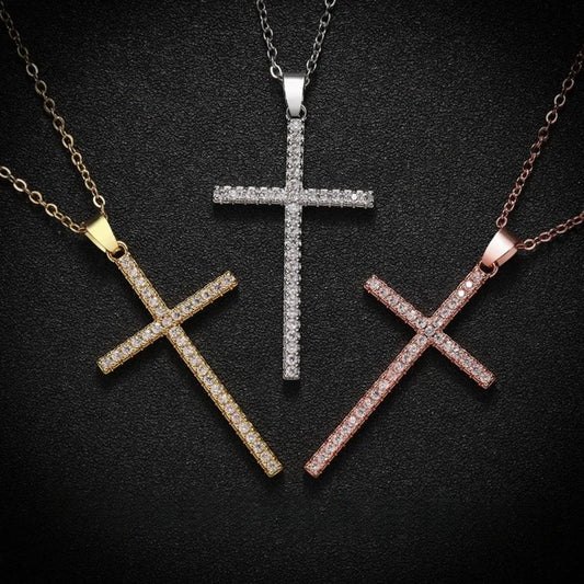 Fashion Zircon Big Cross Pendant Necklace for Women Men Gold Silver Color Chains Choker Halloween Decoration Jewelry Accessories