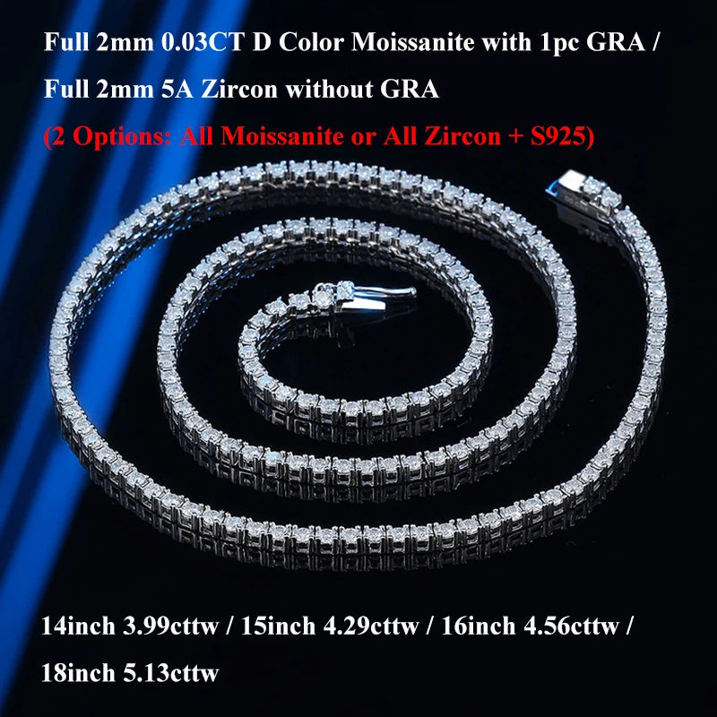 EWYA Real 2-5mm Full D Color Moissanite Tennis Neck Chain Necklace for Woman Man 925 Silver GRA Certified Party Bridal Necklaces
