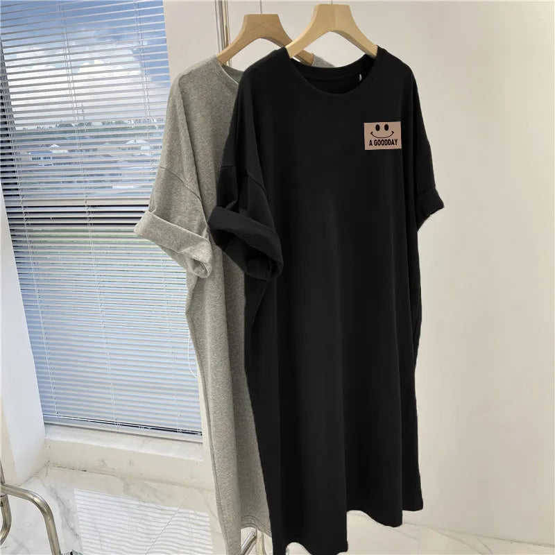Women's New Short Sleeved Dress Korean Casual Oversized Loose Round Neck Dress