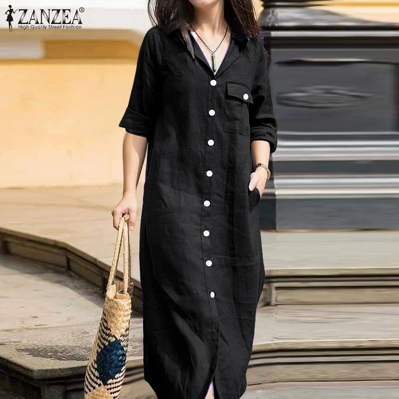 ZANZEA Office Casual Collared Shirtdress Women Autumn Fashion 3/4 Sleeve Button Up Midi Dresses Commuting Solid Color Robe Femme