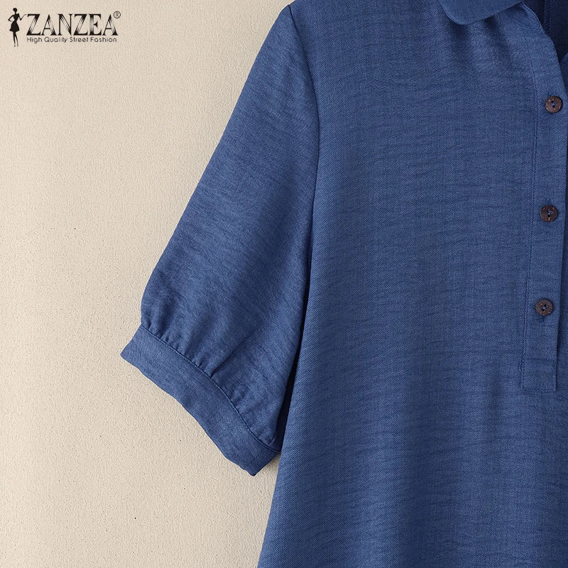 ZANZEA Women Fashion Shirt Dress 2025 Summer Sundress Lapel Neck Short Sleeve OL Work Dresses Casual Buttons Midi Vestidos Robe
