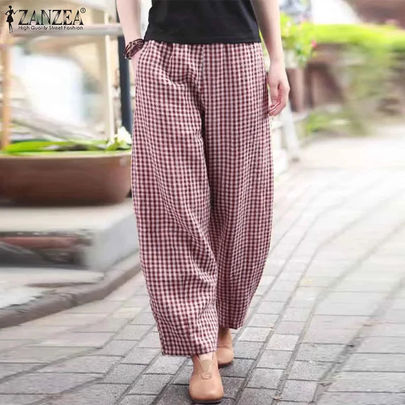 ZANZEA 2025 Plaid Pants Women Fashion Lantern Pants Casual Loose Long Trouser Summer Pockets Elastic Waist Bottoms Oversized