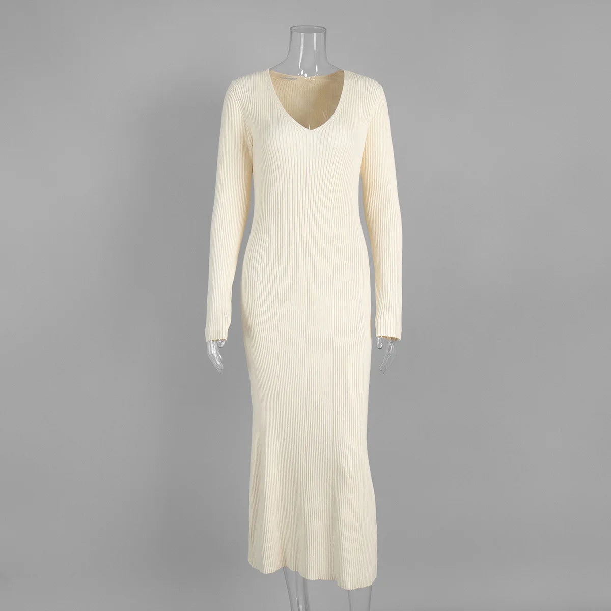 2025 Autumn Women's New Solid Color Long Sleeve V-neck Slim Bodycon Knitted Maxi Dress Trendy Elegant Fashion Sexy Dresses
